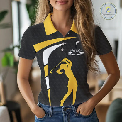 Black And Yellow Golf Ball Womens Golf Polo Shirts Custom Golf Outfits Golf Gifts For Women NHN0042