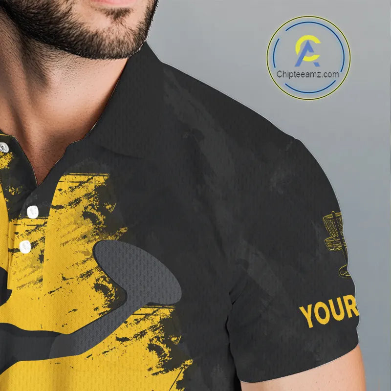 Mens Disc Golf Polo Shirt Custom Name Black And Yellow Disc Golf Basket Personalized Disc Golf Shirts NHN0050
