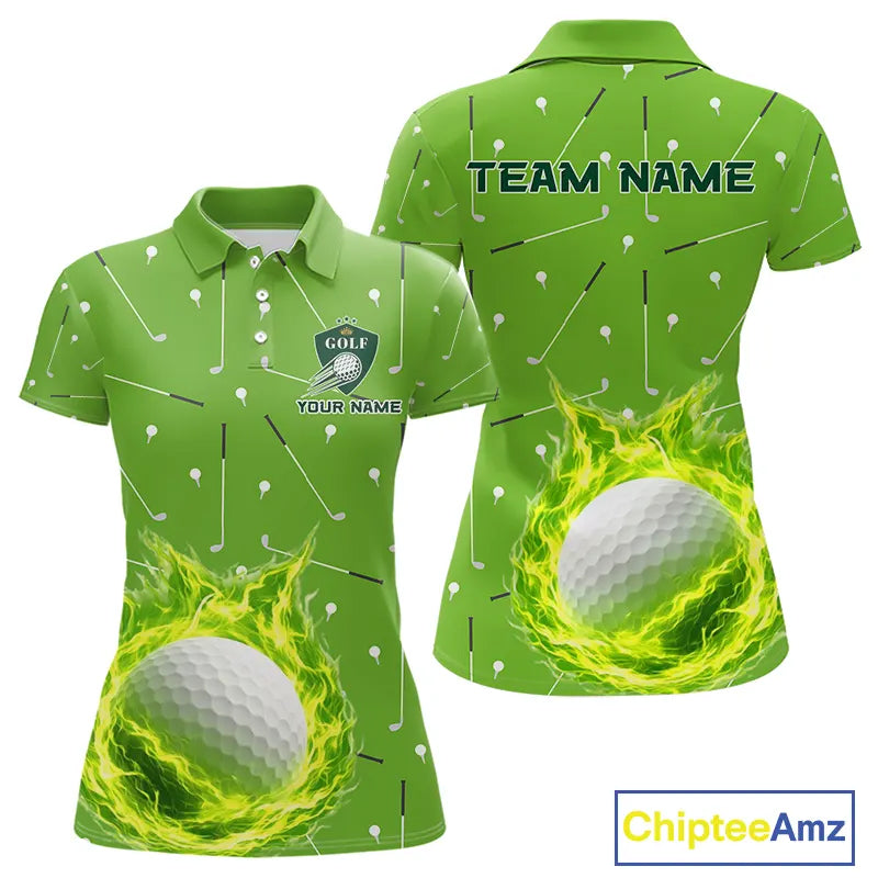 Womens Golf Polo Shirt Custom Green And White Golf Ball Flame Team Golf Shirts, Ladies Golf Top NHN0179