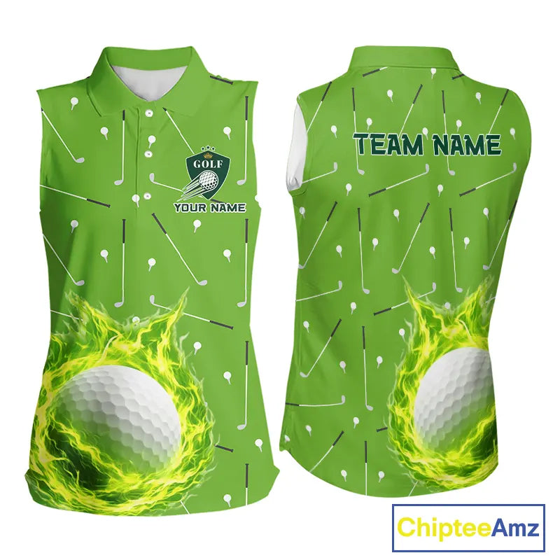 Womens Sleeveless Golf Polo Shirt Custom Green And White Golf Ball Flame Team Shirts, Ladies Golf Top NHN0179