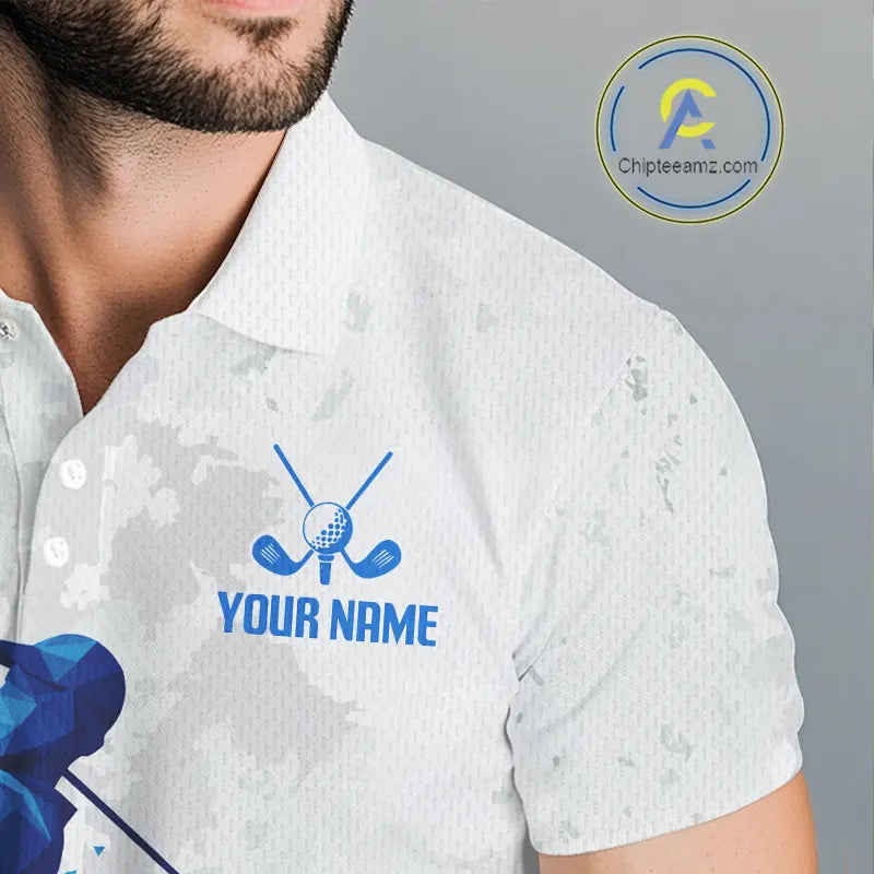 Blue And White Polygonal Pattern Mens Golf Polo Shirts Custom White Golf Clubs Golf Shirt For Men NHN0101