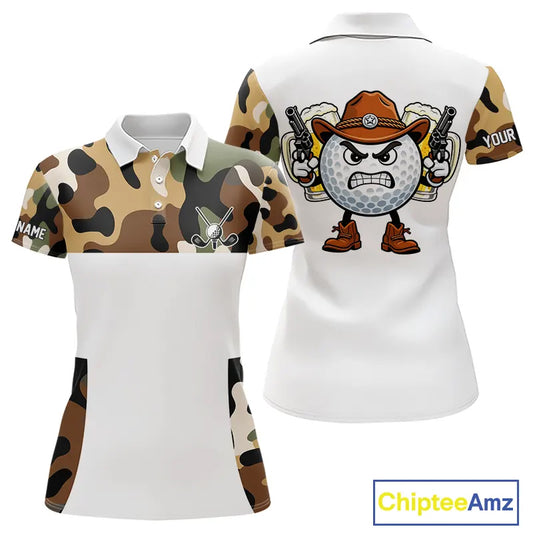 Funny Womens Golf Polo Shirts Custom Cowboy Golf Ball Camo Pattern Golf Outfits, Best Golf Gifts NHN0103