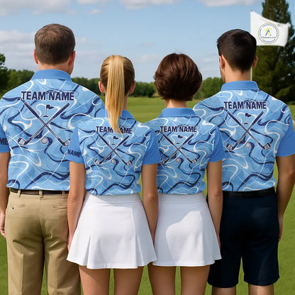 Blue And White Womens Golf Polo Shirts Custom Blue Camo Golf Tops For Ladies, Personalized Golf Gifts NHN0112