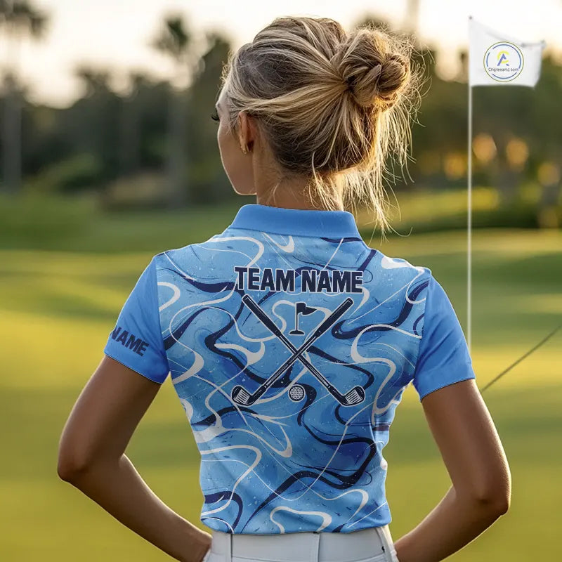 Blue And White Womens Golf Polo Shirts Custom Blue Camo Golf Tops For Ladies, Personalized Golf Gifts NHN0112