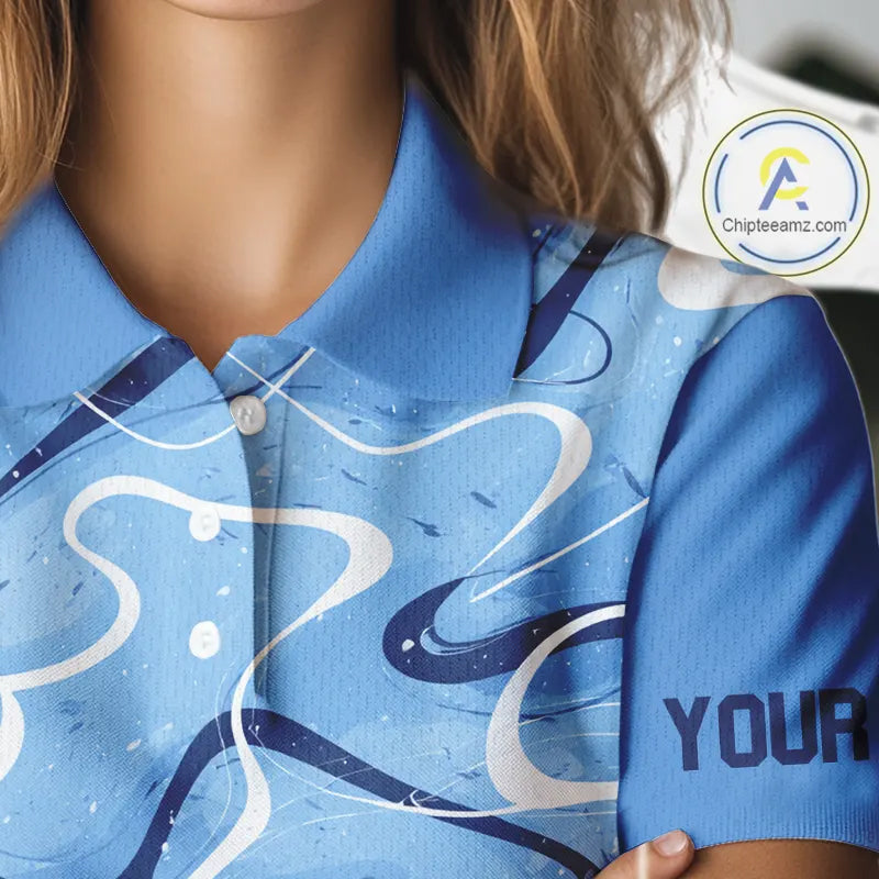 Blue And White Womens Golf Polo Shirts Custom Blue Camo Golf Tops For Ladies, Personalized Golf Gifts NHN0112