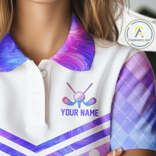 Load image into Gallery viewer, Argyle Womens Golf Polo Shirt Custom Pink &amp; Purple Plaid Golf Clubs Pattern Team Golf Top, Golf Gifts NHN0116