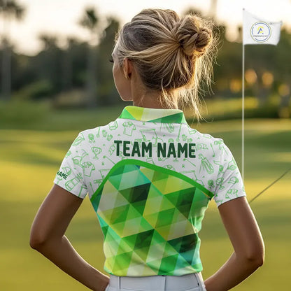 Green Geometric Triangle Pattern Womens Golf Polo Shirt Custom Golf Clubs & Golf Ball Ladies Golf Tops NHN0121