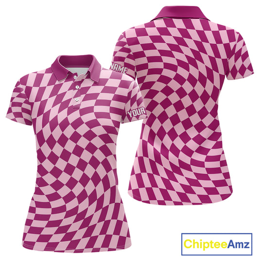 Plaid Womens Golf Polo Shirt Custom Purple & Pink Checkerboard Argyle Pattern Golf Shirts For Ladies NHN0128
