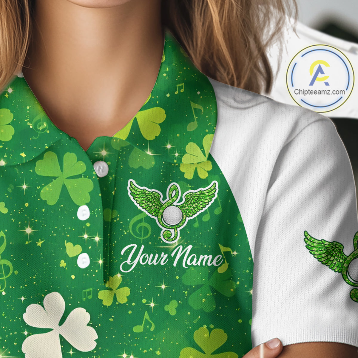 Womens Golf Polo Shirt Custom Name Green Music Angel Wing Golf Ball St Patrick’S Day Golf Outfit NHN0133