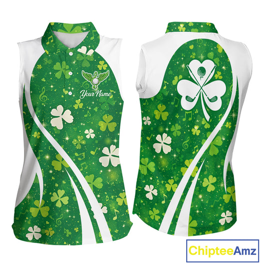 Womens Sleeveless Golf Polo Shirt Custom Name Green Music Angel Wing Golf Ball St Patrick’S Day Shirt NHN0133