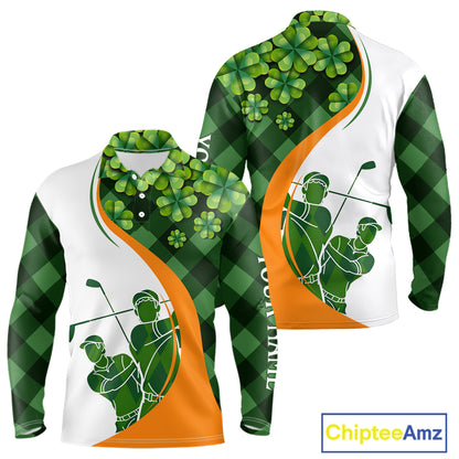 Long Sleeve Golf Polo Shirt Custom Green Clover St Patricks Day Plaid Pattern Golf Tops Personalized NHN0144