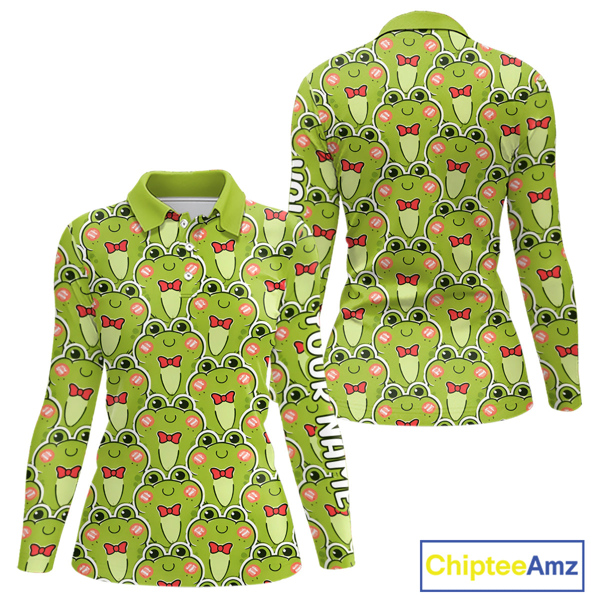 Funny Green Frog Pattern Womens Long Sleeve Golf Polo Shirt Custom Golf Attire For Ladies, Golfer Gift NHN0146