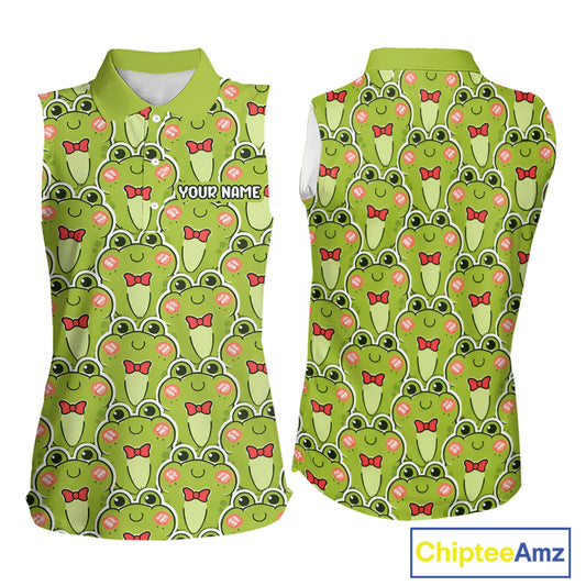 Funny Green Frog Pattern Womens Sleeveless Golf Polo Shirt Custom Golf Attire For Ladies, Golfer Gift NHN0146