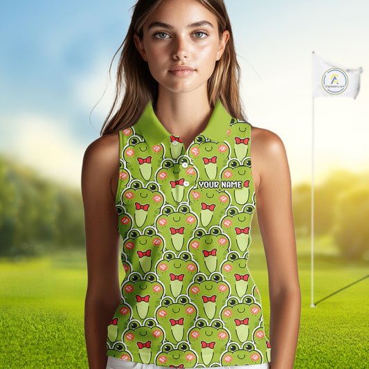 Funny Green Frog Pattern Womens Sleeveless Golf Polo Shirt Custom Golf Attire For Ladies, Golfer Gift NHN0146