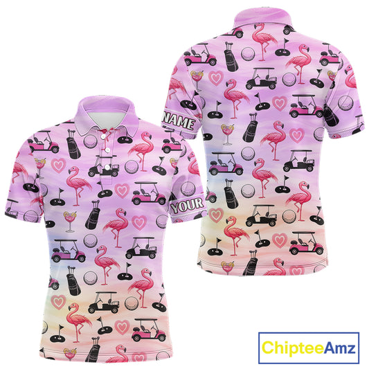 Mens Golf Polo Shirts Custom Funny Flamingo Heart Pattern Team Golf Tops For Men, Golf Gifts NHN0176