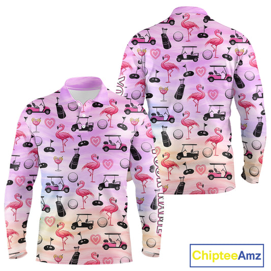 Long Sleeve Golf Polo Shirts Custom Funny Flamingo Heart Pattern Team Golf Tops For Men, Golf Gifts NHN0176