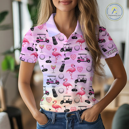 Womens Golf Polo Shirts Custom Funny Flamingo Heart Pattern Team Ladies Golf Tops, Golf Gifts NHN0176
