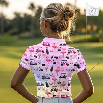 Womens Golf Polo Shirts Custom Funny Flamingo Heart Pattern Team Ladies Golf Tops, Golf Gifts NHN0176