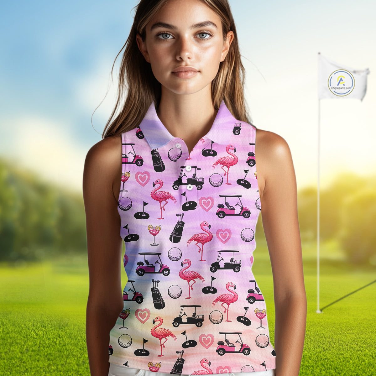 Womens Sleeveless Golf Polo Shirts Custom Funny Flamingo Heart Pattern Team Ladies Golf Top, Golf Gift NHN0176