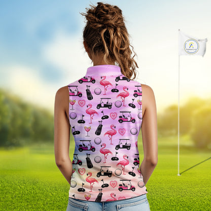 Womens Sleeveless Golf Polo Shirts Custom Funny Flamingo Heart Pattern Team Ladies Golf Top, Golf Gift NHN0176