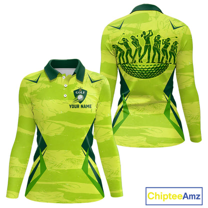 Green Camo Womens Long Sleeve Golf Polo Shirt Custom Camouflage Golf Ball Golf Top For Team, Golf Gift NHN0178