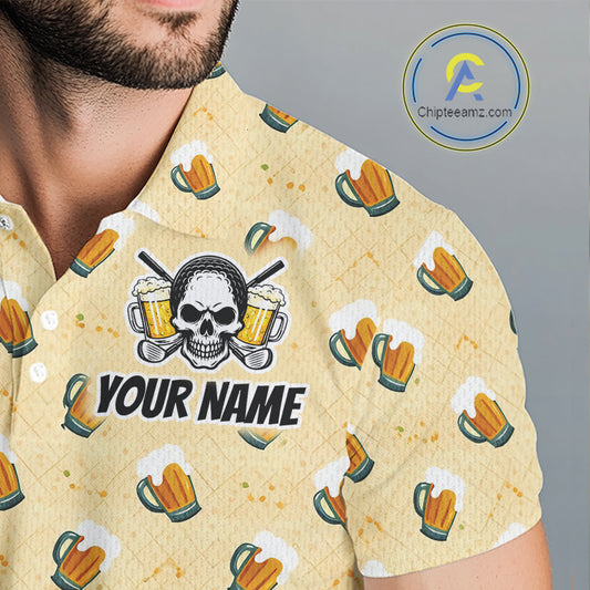 Mens Golf Polo Shirt Beer Skull Golf Pattern Custom Team Golf Tops For Men, Funny Golf Gifts NHN0200