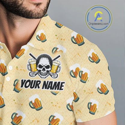 Mens Golf Polo Shirt Beer Skull Golf Pattern Custom Team Golf Tops For Men, Funny Golf Gifts NHN0200
