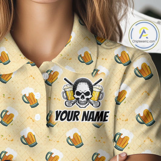 Womens Golf Polo Shirt Beer Skull Golf Pattern Custom Team Golf Tops, Funny Golf Gifts For Ladies NHN0200