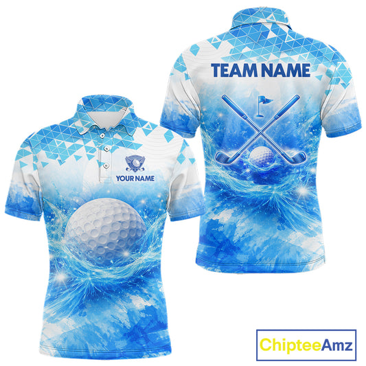 Luxury Blue Mens Golf Polo Shirt Custom Water Splash Pattern With Golf Ball, Team Name Golf Tops NHN0219