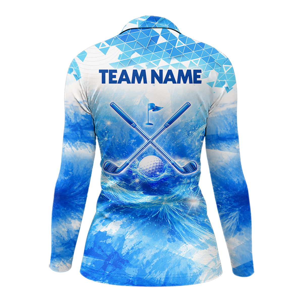 Blue Womens Long Sleeve Golf Polo Shirt Custom Water Splash Pattern With Golf Ball, Team Golf Tops NHN0219