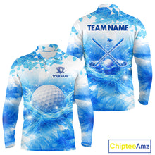 Load image into Gallery viewer, Blue Long Sleeve Golf Polo Shirt Custom Water Splash Pattern With Golf Ball, Group Name Golf Tops NHN0219