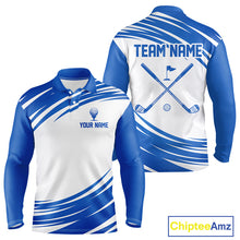 Load image into Gallery viewer, Blue And White Mens Long Sleeve Golf Polo Shirt Custom Golf Shirts For Team Personalized Golf Gifts NHN0094