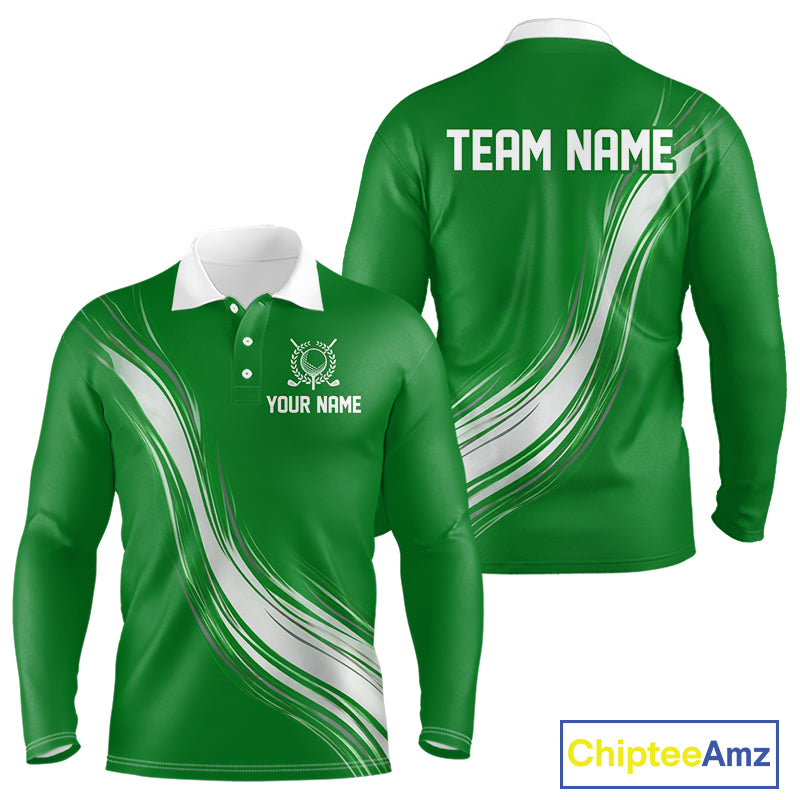 Green And White Mens Long Sleeve Golf Polo Shirt Custom Golf Shirts For Team Personalized Golf Gifts NHN0095