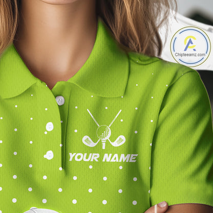 Funny Dinosaur Womens Golf Polo Shirt Custom Name Green Pattern Dinosaur Golf Shirts For Ladies NHN0100