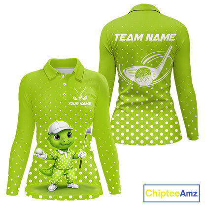 Funny Dinosaur Long Sleeve Golf Polo Shirt Green Pattern Custom Dinosaur Golf Shirts For Women NHN0100