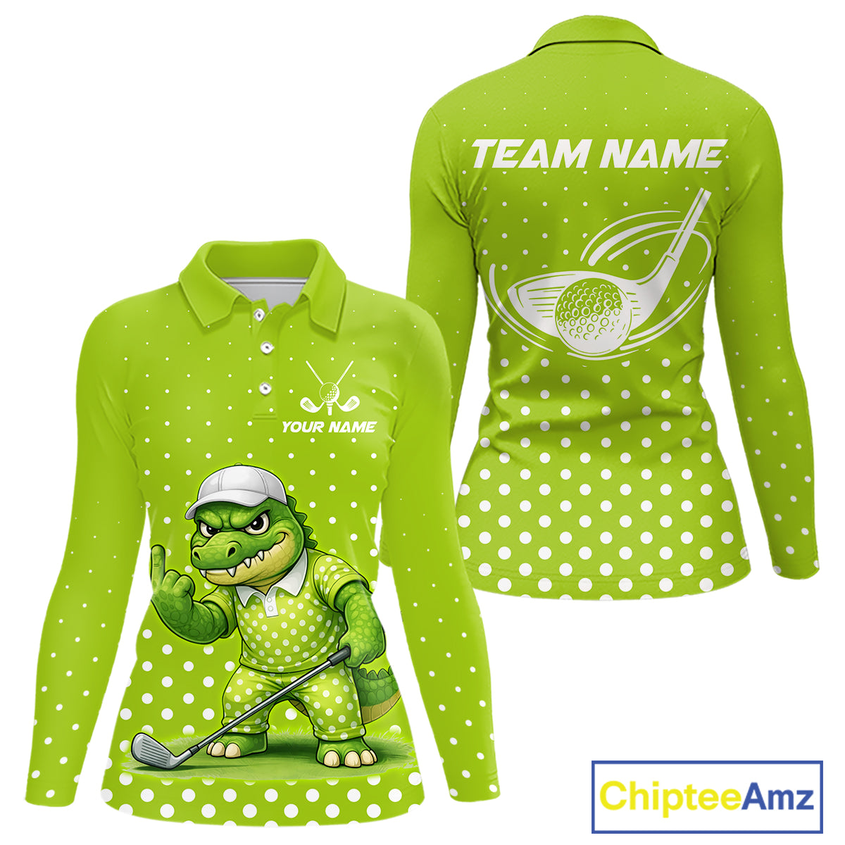 Funny Alligator Womens Long Sleeve Golf Polo Shirt Custom Name Green Ladies Golf Top Funny Golf Gifts NHN0104