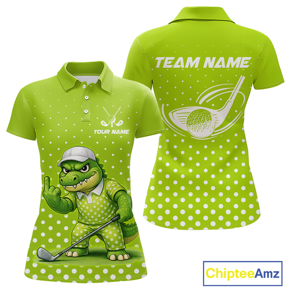 Funny Alligator Golf Polo Shirt For Women Custom Name Green Ladies Golf Apparel Funny Golf Gifts NHN0104