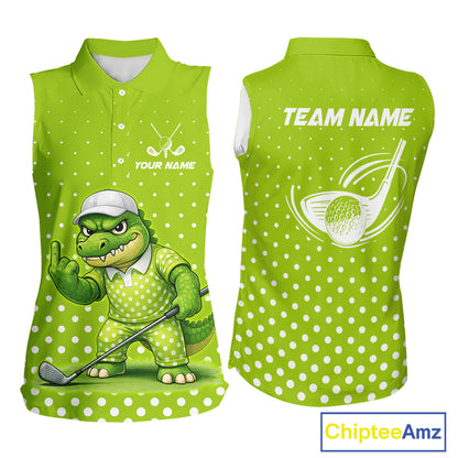 Funny Alligator Womens Sleeveless Golf Polo Shirt Custom Name Green Ladies Golf Apparel Funny Golf Gifts NHN0104