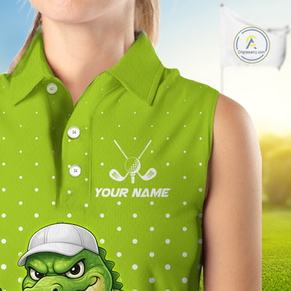 Funny Alligator Womens Sleeveless Golf Polo Shirt Custom Name Green Ladies Golf Apparel Funny Golf Gifts NHN0104