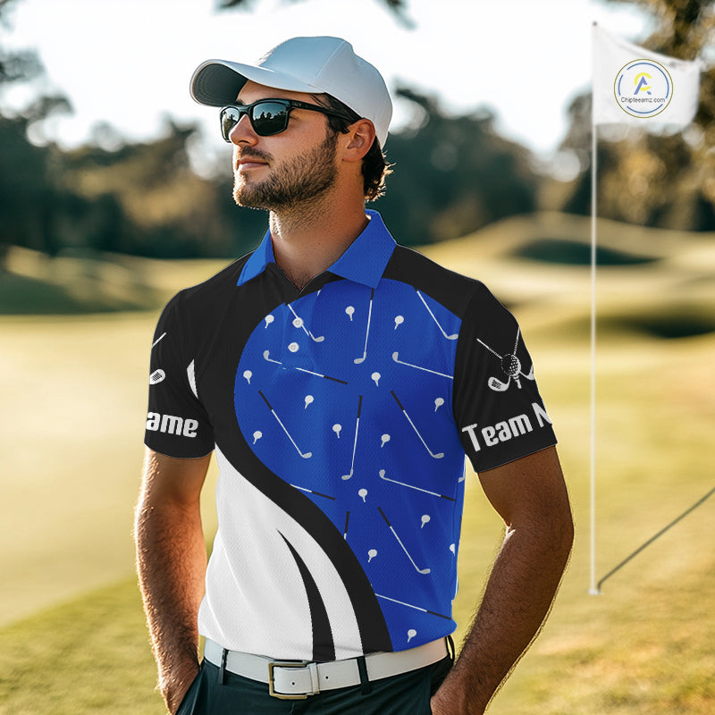 Blue And White Mens Golf Polo Shirt Custom Black Golf Shirts For Men, Golf Gifts Apparel NHN0109