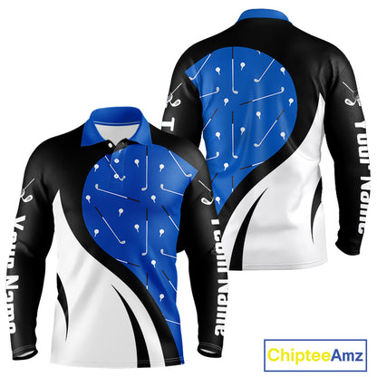 Blue And White Long Sleeve Golf Polo Shirt Custom Black Golf Shirts For Ladies, Golf Gifts Apparel NHN0109