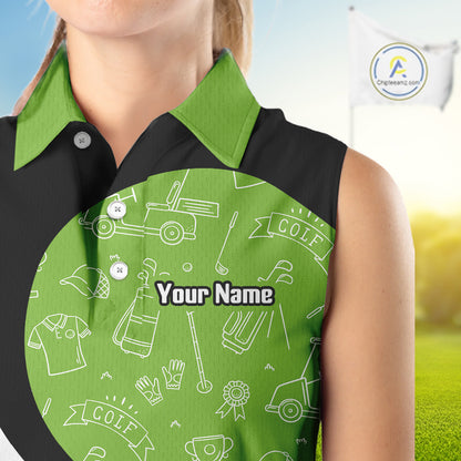 Green And White Womens Sleeveless Golf Polo Shirt Custom Black Golf Shirts For Ladies, Golf Gifts NHN0110