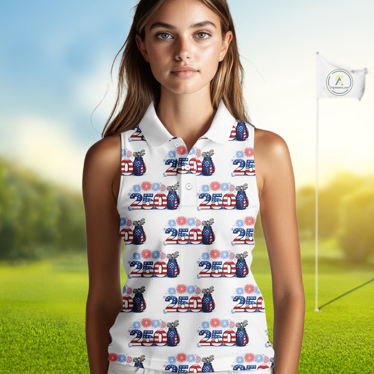 USA 250th Anniversary Womens Sleeveless Golf Polo Shirt Custom Golf Pattern Patriotic Golf Tops NHN0234