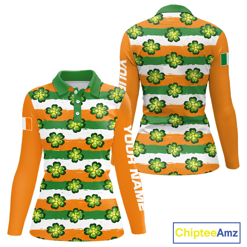 Womens Long Sleeve Golf Polo Shirt Custom Green Clover St Patricks Day Pattern Ireland Flag Golf Shirt NHN0138