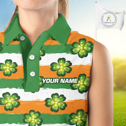 Womens Sleeveless Golf Polo Shirt Custom Green Clover St Patricks Day Pattern Ireland Flag Golf Shirt NHN0138