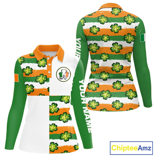 Womens Long Sleeve Golf Polo Shirt Custom Ireland Flag St Patricks Day Green Clovers Golf Tops NHN0140