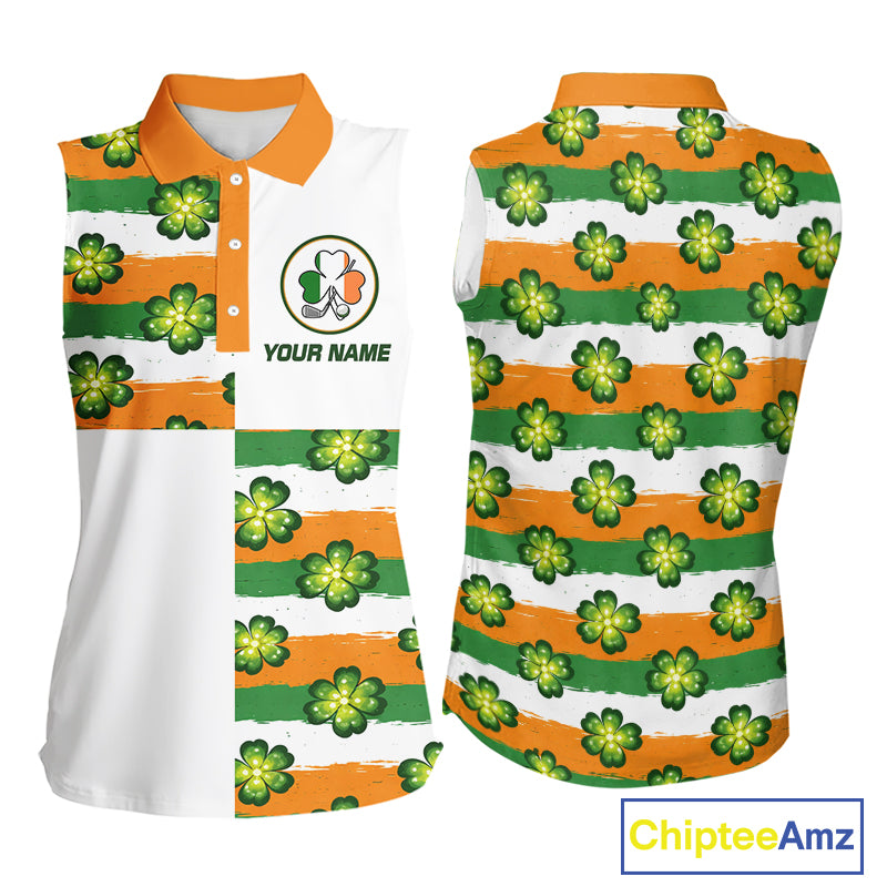 Womens Sleeveless Golf Polo Shirt Custom Ireland Flag St Patricks Day Green Clovers Golf Tops NHN0140