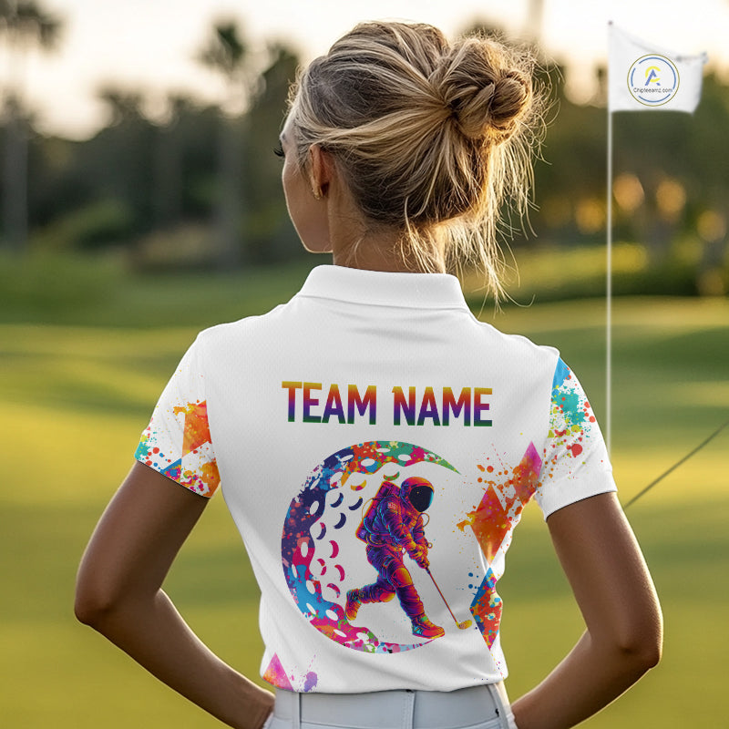 Womens Golf Polo Shirt Argyle Pattern Golf Shirts For Women Funny Astronaut Watercolor Golf Gifts NHN0006