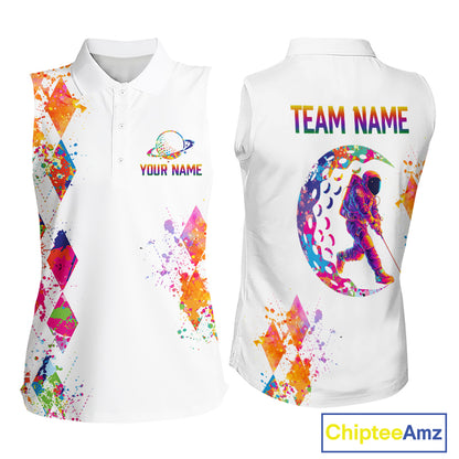 Funny Astronaut Womens Sleeveless Golf Polo Shirt Argyle Pattern Watercolor Golf Gifts NHN0006