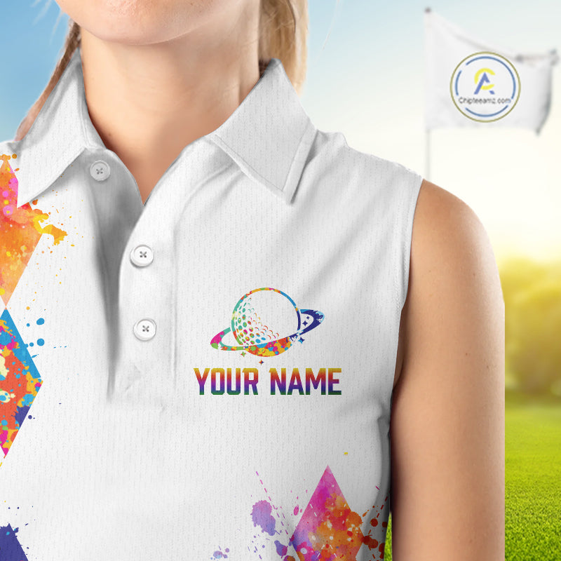 Funny Astronaut Womens Sleeveless Golf Polo Shirt Argyle Pattern Watercolor Golf Gifts NHN0006